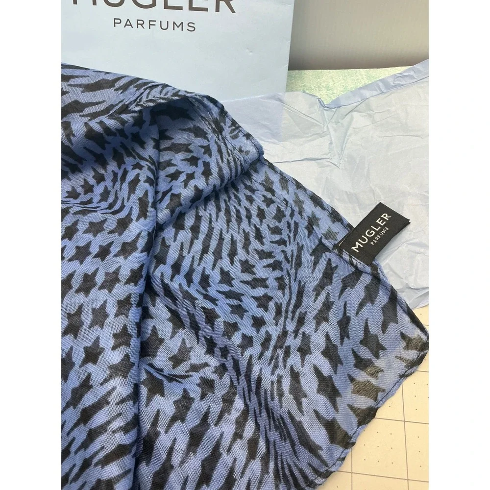 Mugler Parfums Blue Black Star Print Sheer Square Scarf with Original Sleeve